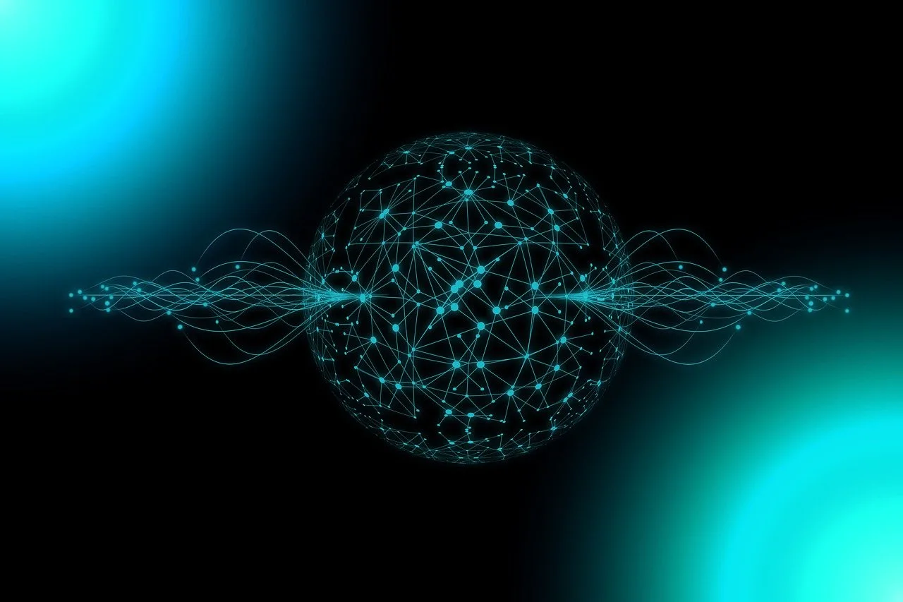 Semantic network glowing in cyan over a dark background