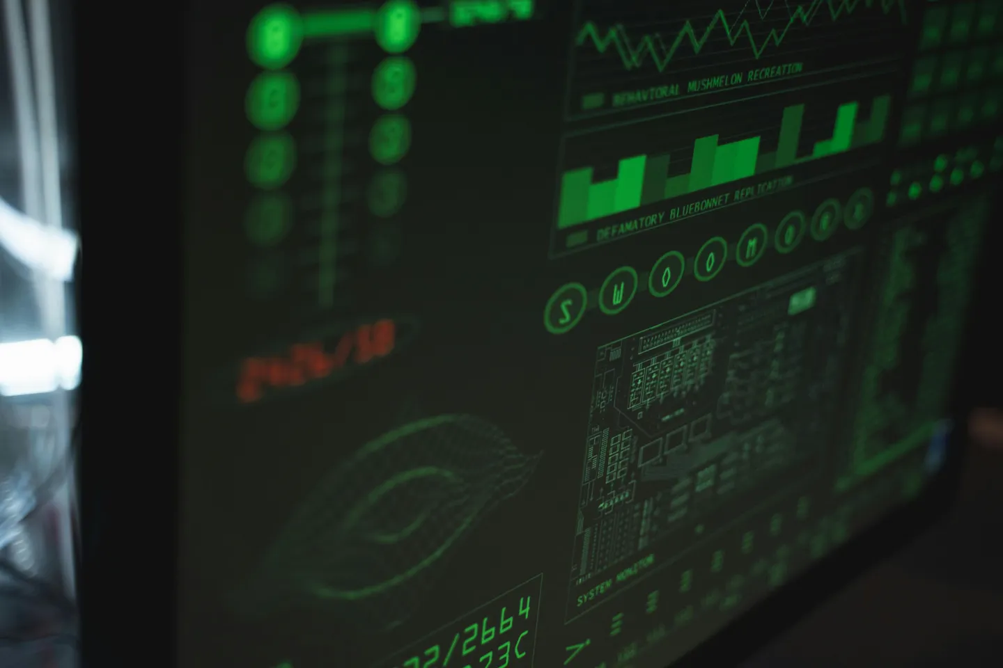 Dark interface with charts and system signals in neon green